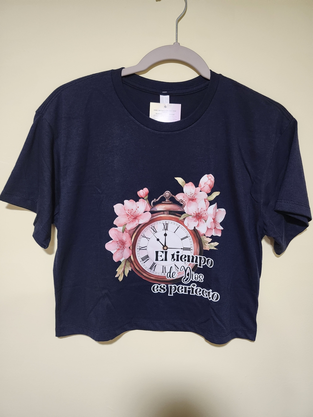 Navy Floral Clock Graphic Kids Crop Tee